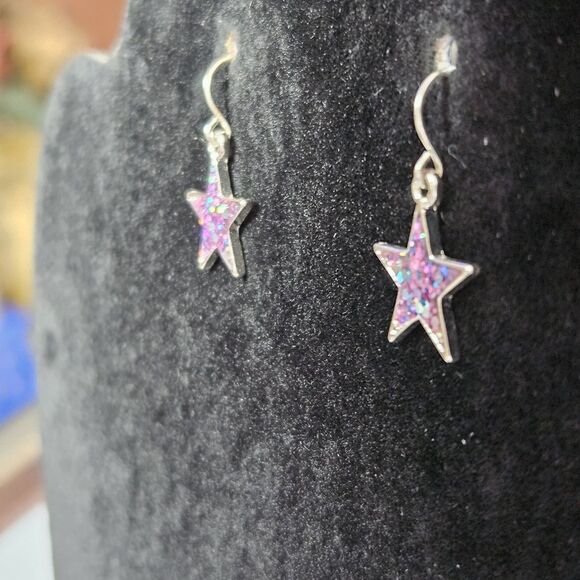 Silver Tone Dainty Pink Glitter Inlay Stars Dangling Earrings - Picture 5 of 11